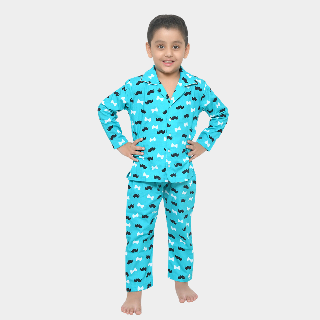 Blue Moustache Printed Cotton Night Dress for Boys FunKrafts Shop