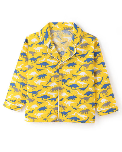 Yellow Premium Cotton Full Sleeves Dinosaur Printed Collar Style Nightsuit for Kids