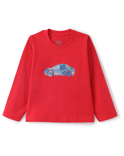 Car Printed Premium Cotton Full Sleeves Red T-Shirt with Blue Pyjama for Boys