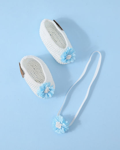 White & Blue Handmade Crochet Baby Infant Girl Booties With Headband