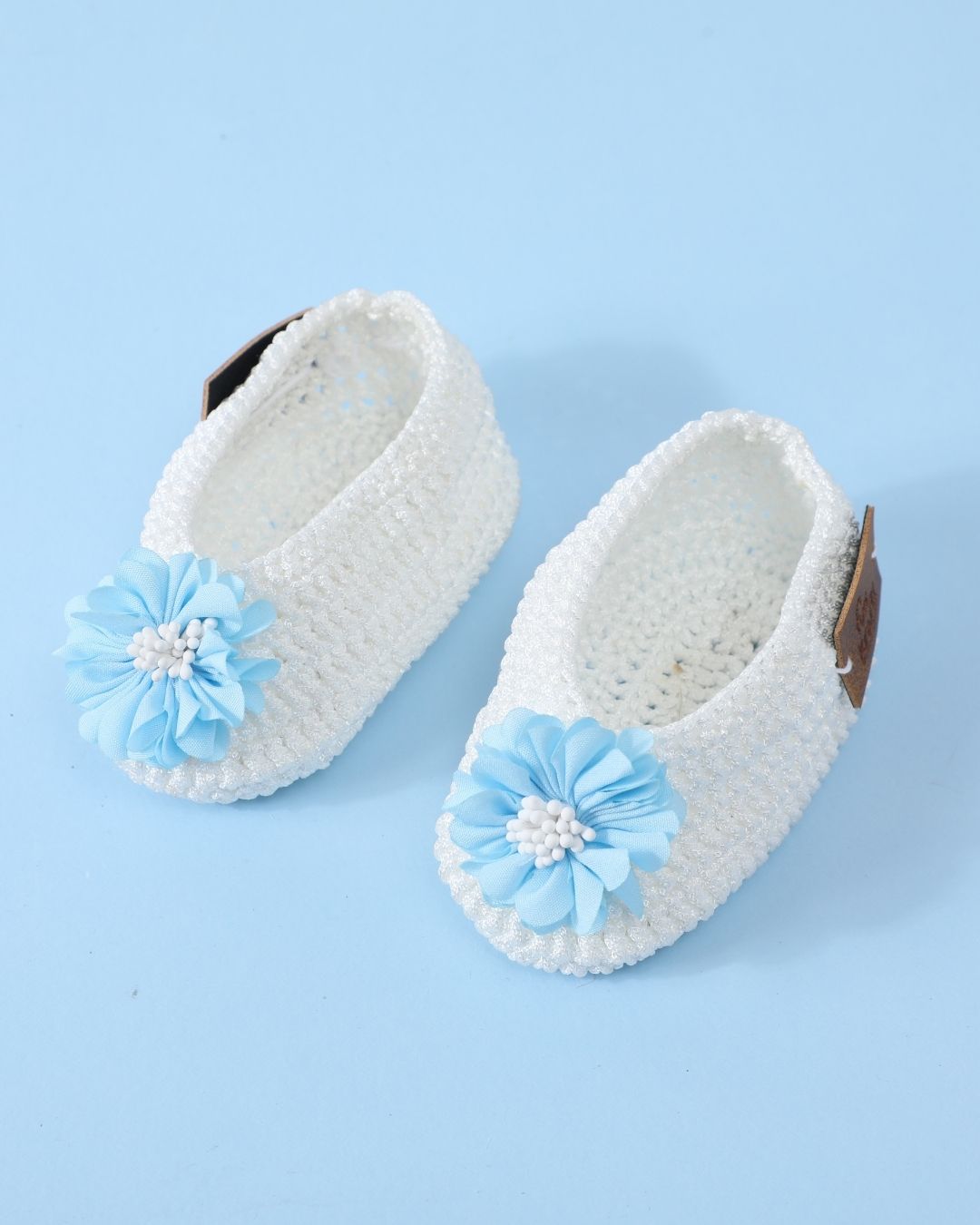 White & Blue Handmade Crochet Baby Infant Girl Booties With Headband