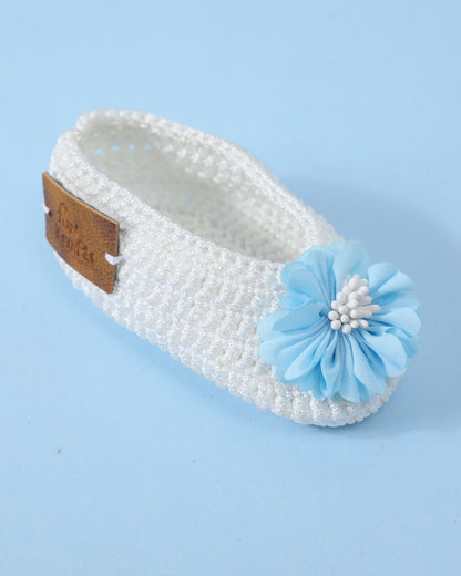 White & Blue Handmade Crochet Baby Infant Girl Booties With Headband