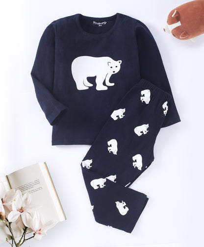 Navy Blue & Pink Pure Cotton Knitted Full Sleeves Bear & Cow Printed Nightsuit for Girls - Pack of 2