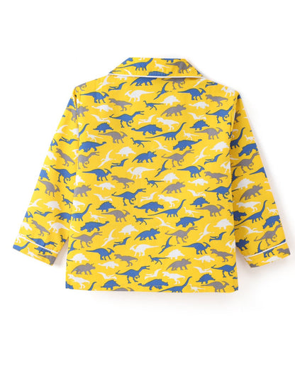 Yellow Premium Cotton Full Sleeves Dinosaur Printed Collar Style Nightsuit for Kids