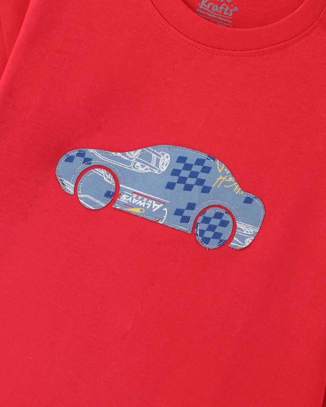 Car Printed Premium Cotton Full Sleeves Red T-Shirt with Blue Pyjama for Boys