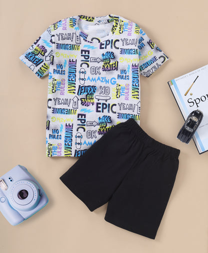 Blue & Black Pure Cotton Half Sleeves Typographic Printed T-shirt & Shorts Set for Boys - Pack of 2
