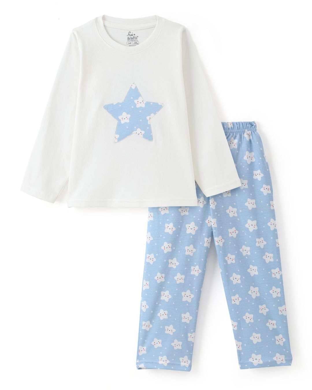 Star Printed Premium Cotton Full Sleeves White T-Shirt with Blue Pyjama for Boys & Girls