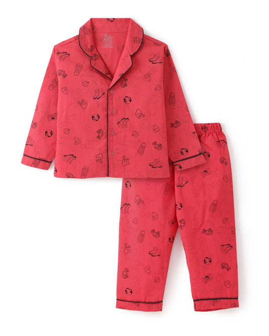 Red Premium Cotton Full Sleeves Car Printed Collar Style Nightsuit for Kids