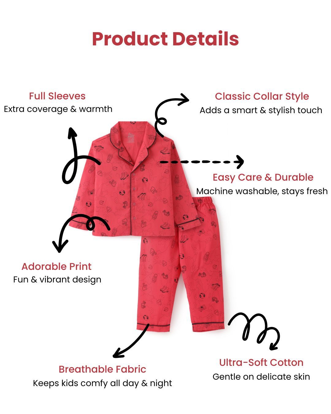 Red Premium Cotton Full Sleeves Car Printed Collar Style Nightsuit for Kids