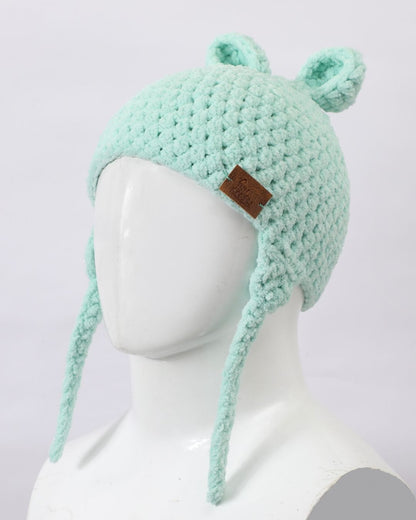 Green Self Design Beanie Handmade Knitted Woollen Cap for Kids