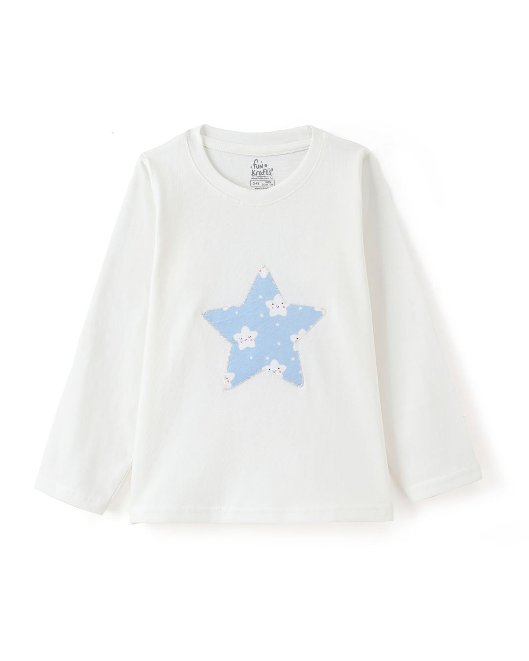 Star Printed Premium Cotton Full Sleeves White T-Shirt with Blue Pyjama for Boys & Girls