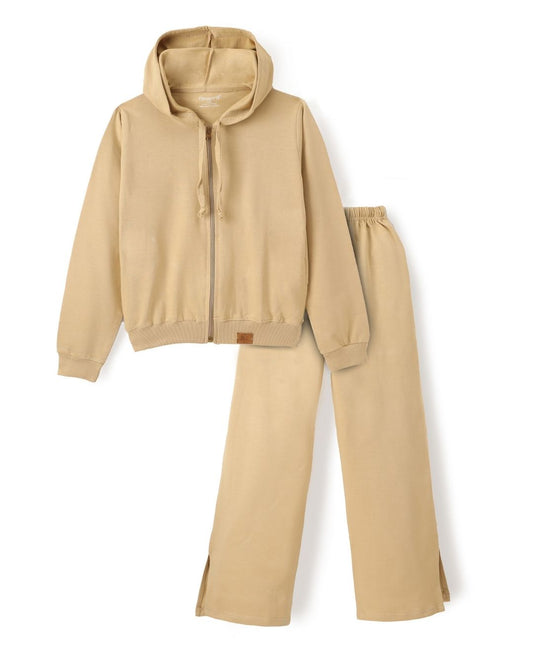 Beige Premium Cotton Full Sleeves Solid Hooded Clothing Set for Girls