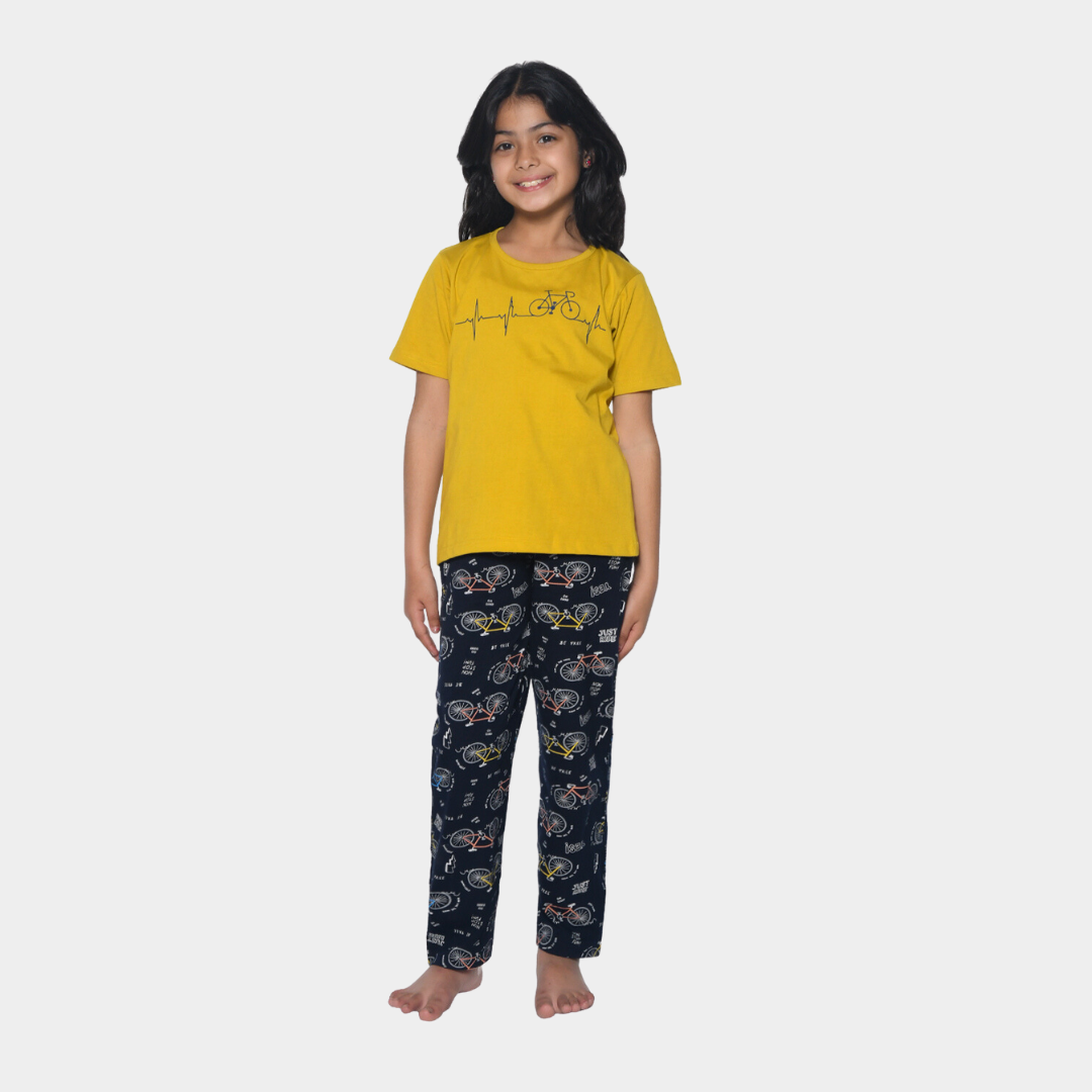 Girls Mustard & Navy Bicycle Printed Night suit