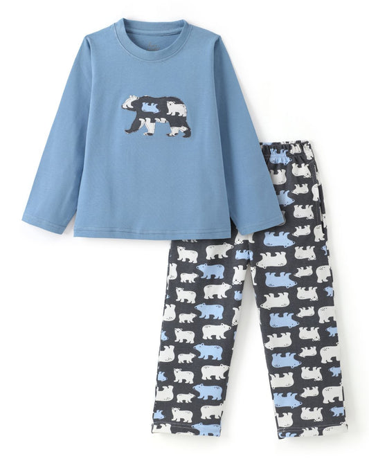 Bear Printed Premium Cotton Full Sleeves Blue T-Shirt with Grey Pyjama for Boys & Girls