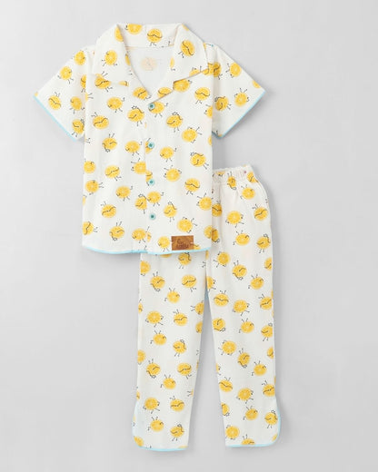 White Premium Cotton Half SleevesLemon Printed T-Shirt & Pyjama Set for Girls