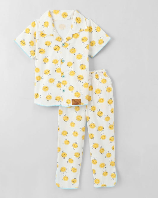 White Premium Cotton Half SleevesLemon Printed T-Shirt & Pyjama Set for Girls