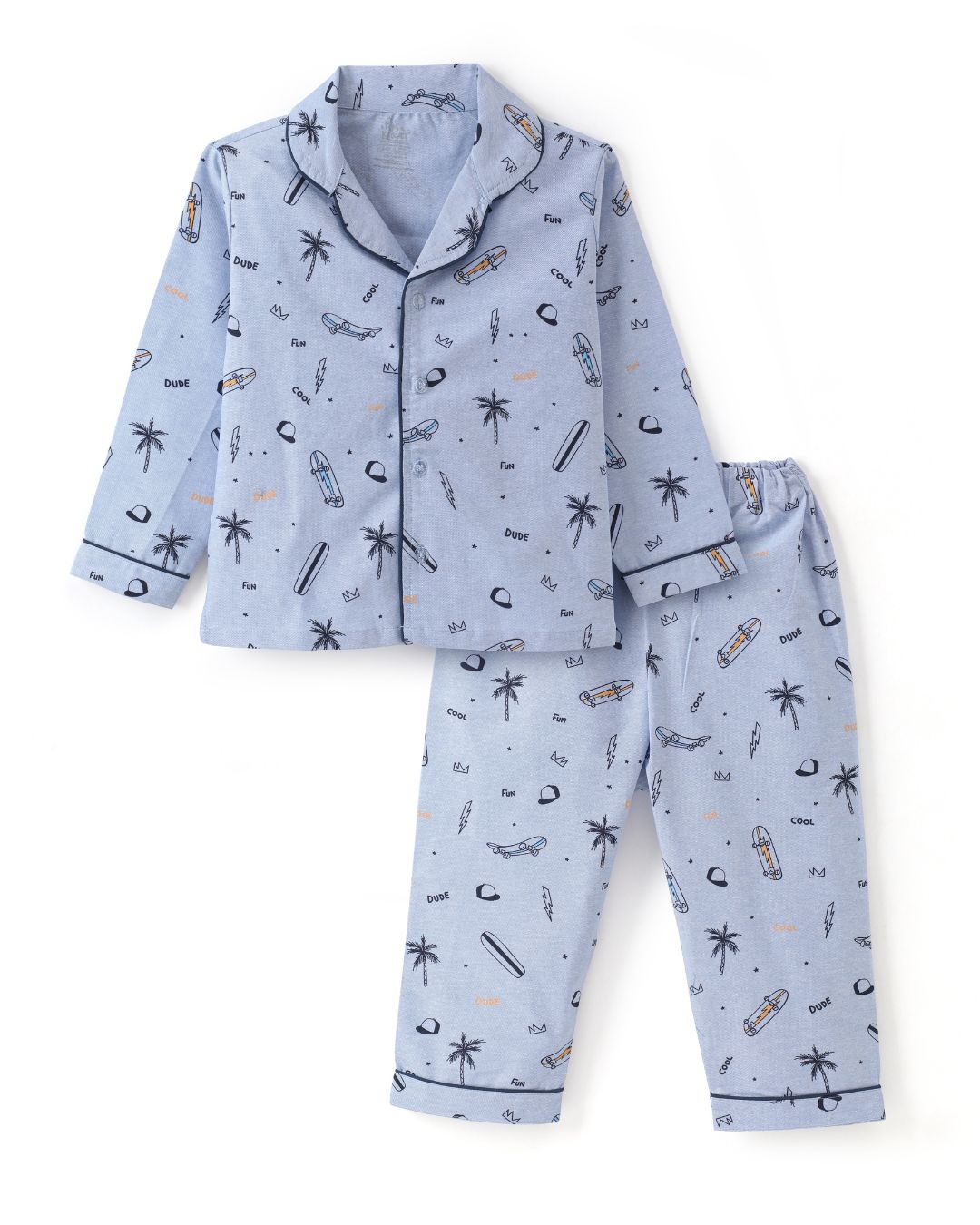 Blue Premium Cotton Full Sleeves Graphic Printed Collar Style Nightsuit for Boys & Girls