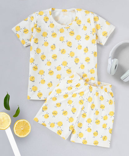 Yellow & Navy Blue Pure Cotton Half Sleeves Lemon & Bicycle Printed T-shirt & Shorts Set for Kids - Pack of 2