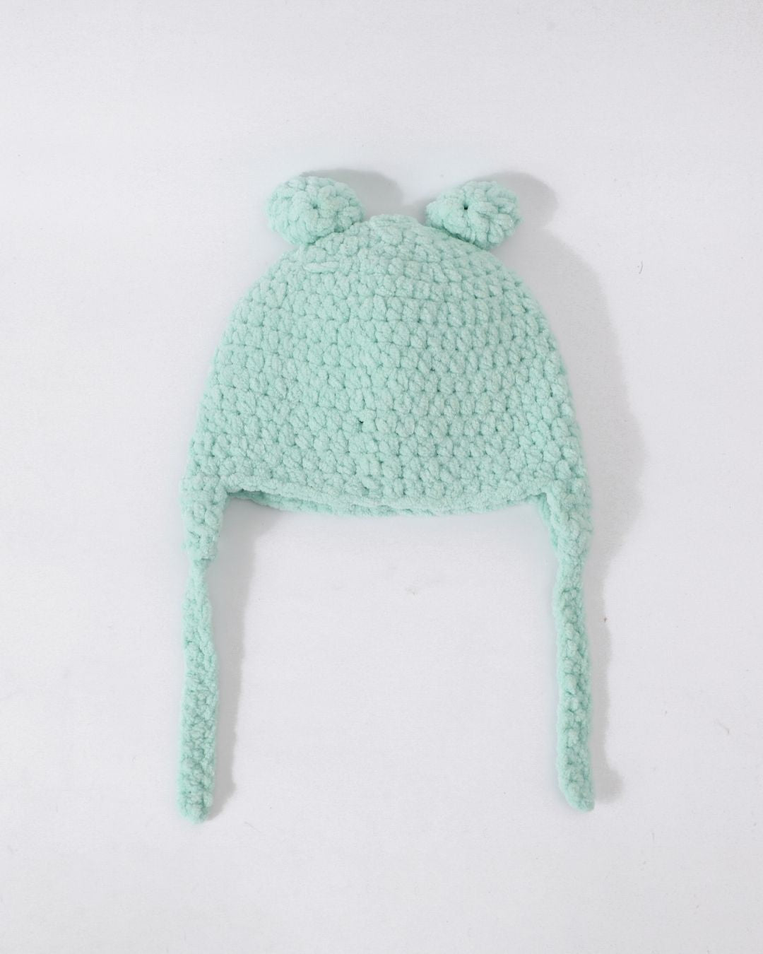 Green Self Design Beanie Handmade Knitted Woollen Cap for Kids