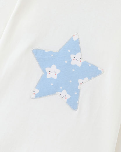 Star Printed Premium Cotton Full Sleeves White T-Shirt with Blue Pyjama for Boys & Girls