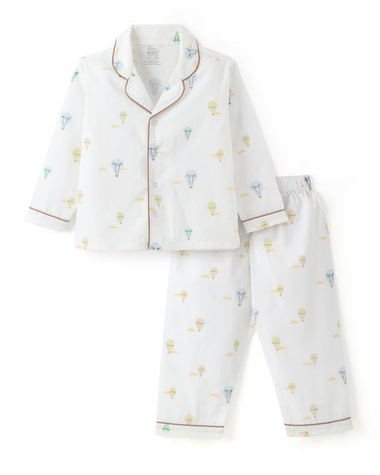 White Premium Cotton Full Sleeves Graphic Printed Collar Style Nightsuit for Boys & Girls