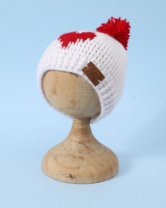 White Self Design Beanie Handmade Knitted Pom Pom Woollen Cap for Kids