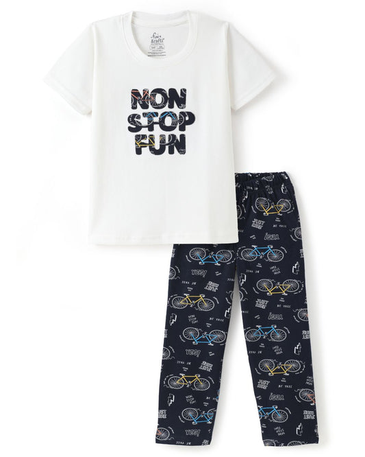 Bicycle Printed Premium Cotton Half Sleeves White T-Shirt with Navy Blue Pyjama for Boys & Girls