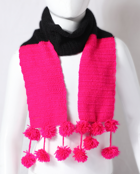 Pink & Black Handmade Woollen Hand Knitted Muffler With Pom Pom for Girls