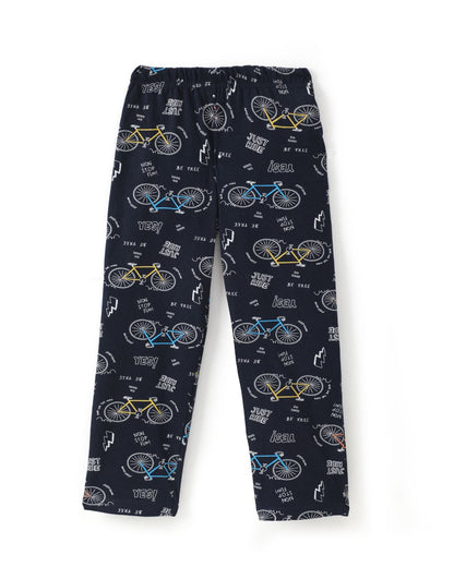 Bicycle Printed Premium Cotton Half Sleeves White T-Shirt with Navy Blue Pyjama for Boys & Girls