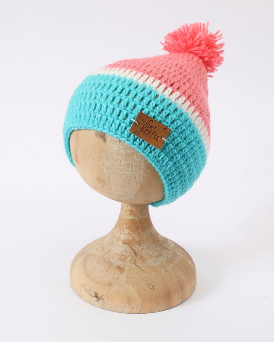 Peach & Green Self Design Beanie Handmade Knitted Pom Pom Woollen Cap for Kids