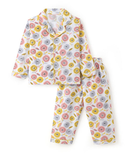 Multicolor Premium Cotton Full Sleeves Floral Printed Collar Style Nightsuit for Boys & Girls