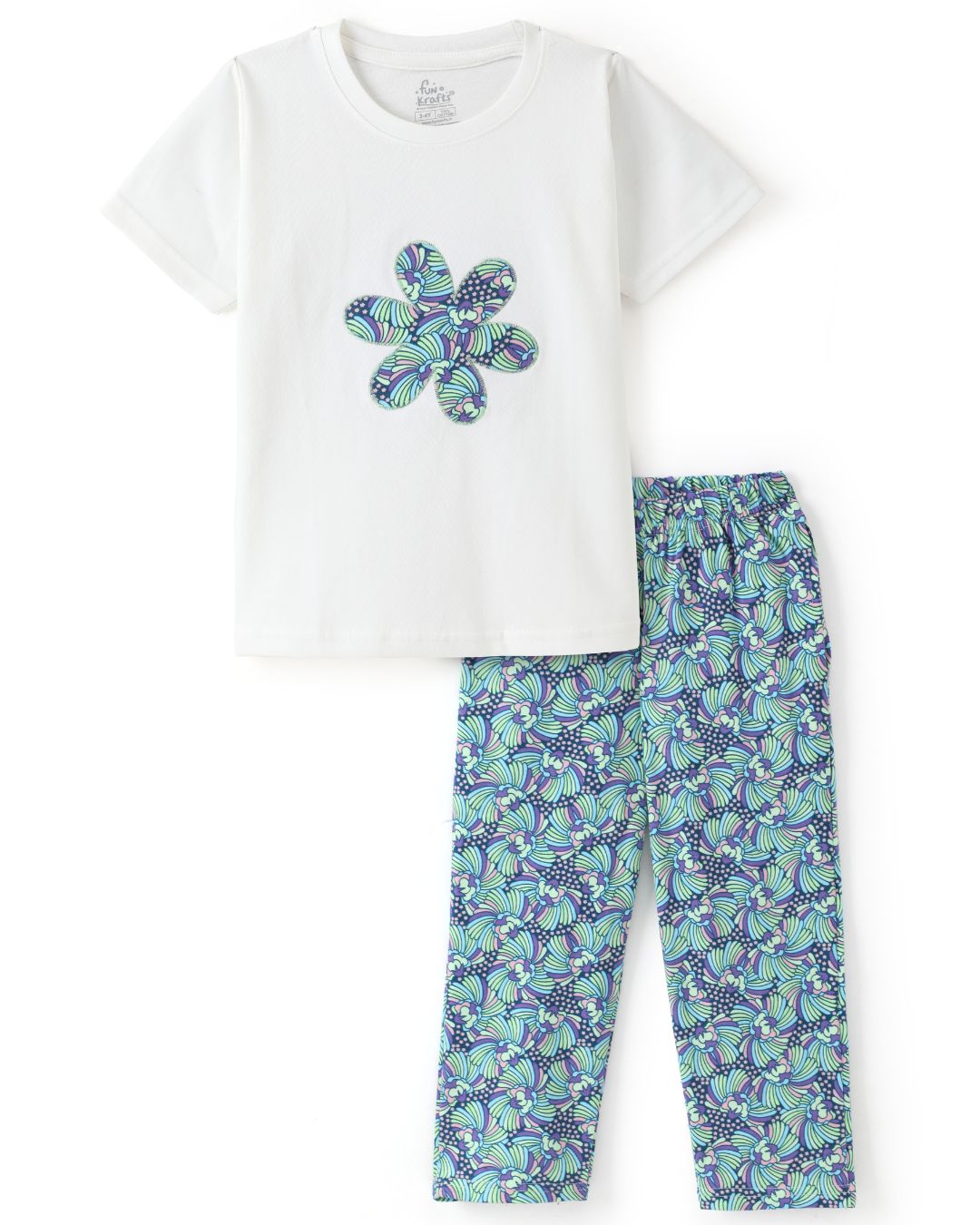 Floral Printed Premium Cotton Half Sleeves White T-Shirt with Multi Pyjama for Girls