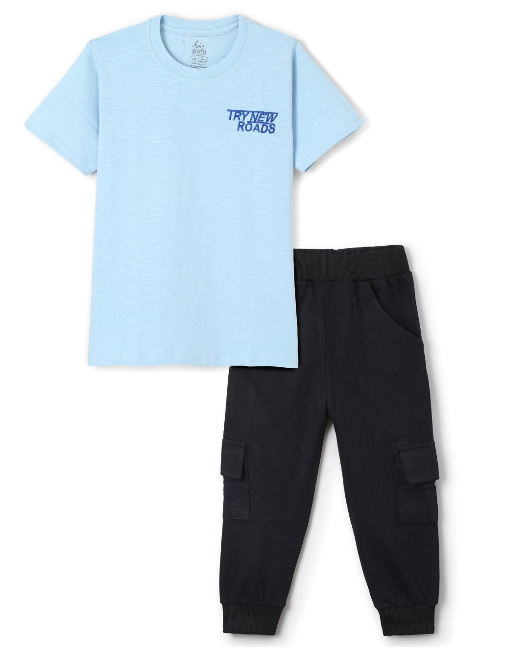 Typographic Printed Premium Cotton Half Sleeves Blue T-Shirt with Black Jogger for Boys