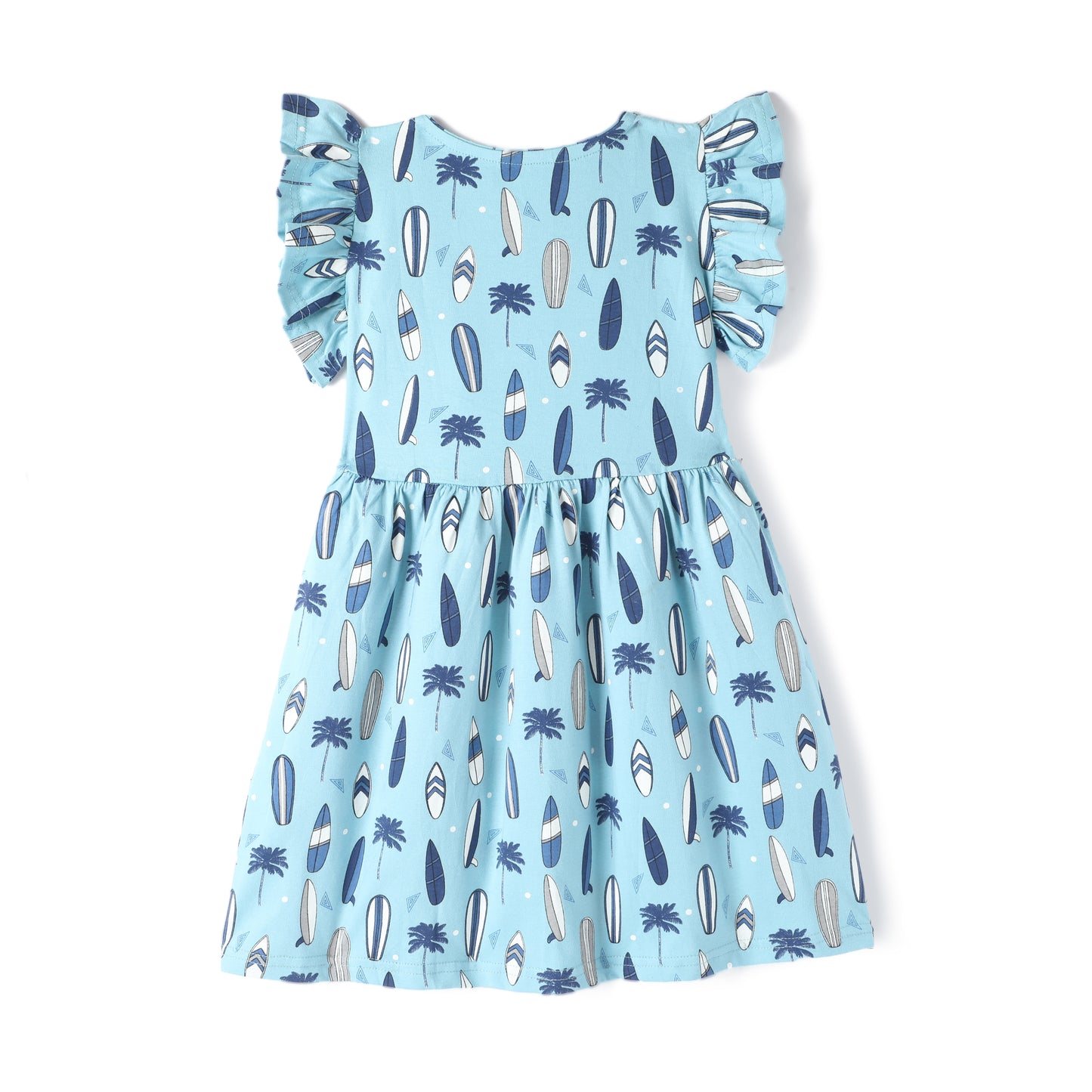 Blue Premium Cotton Single Jersey With Bio Finish Half Flutter Sleeves Beach Printed Frock for Girls