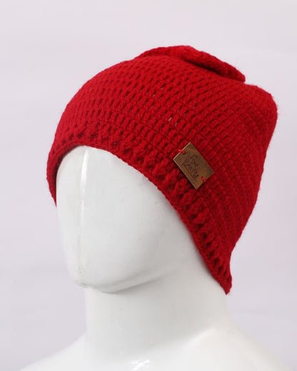 Red Self Design Beanie Handmade Knitted Woollen Cap for Girls & Boys