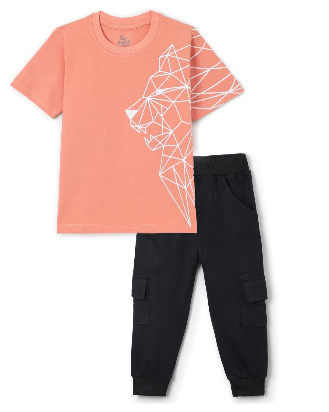 Tiger Printed Premium Cotton Half Sleeves Peach T-Shirt with Black Jogger for Boys