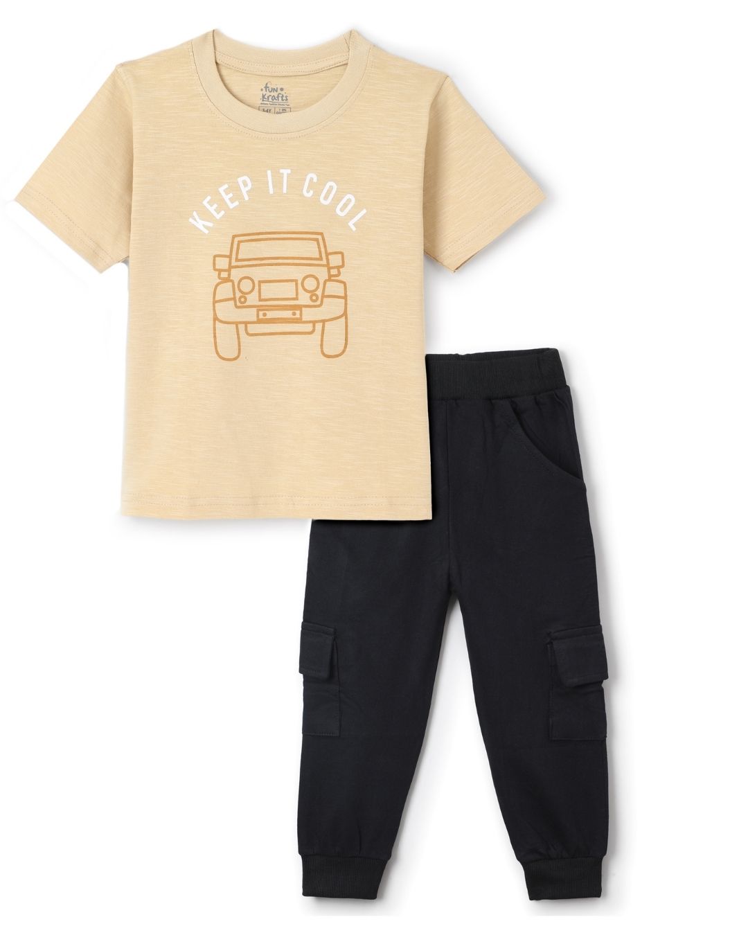 Car Printed Premium Cotton Half Sleeves Yellow T-Shirt with Black Jogger for Boys