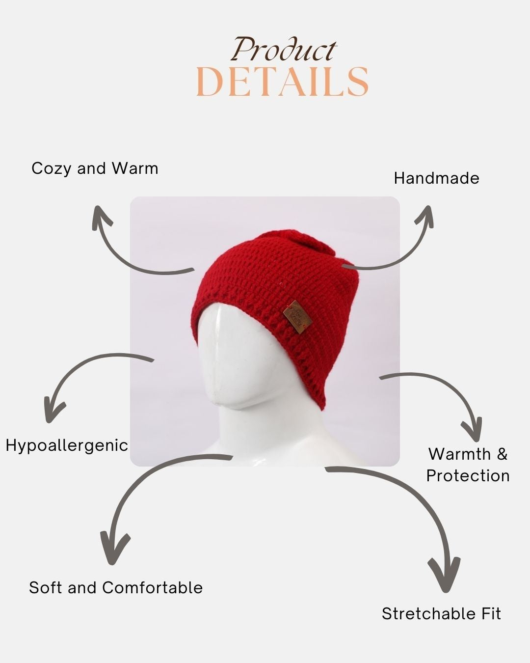 Red Self Design Beanie Handmade Knitted Woollen Cap for Girls & Boys