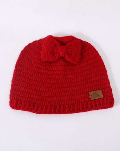 Red Self Design Beanie Handmade Knitted Woollen Cap for Girls & Boys