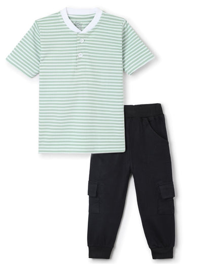 Strips Printed Premium Cotton Half Sleeves Green & White T-Shirt with Black Jogger for Boys