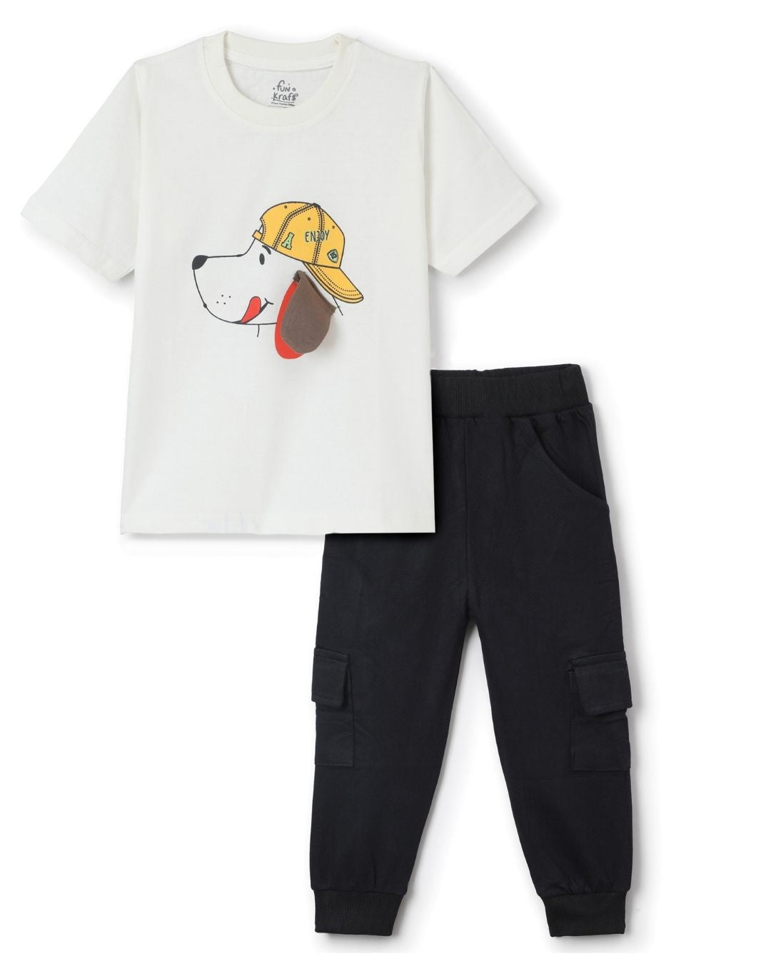 Puppy Printed Premium Cotton Half Sleeves White T-Shirt with Black Jogger for Boys