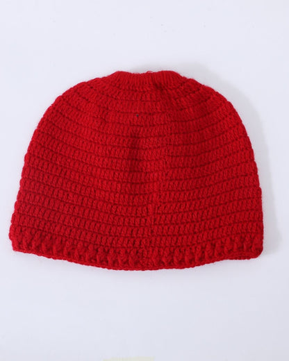 Red Self Design Beanie Handmade Knitted Woollen Cap for Girls & Boys