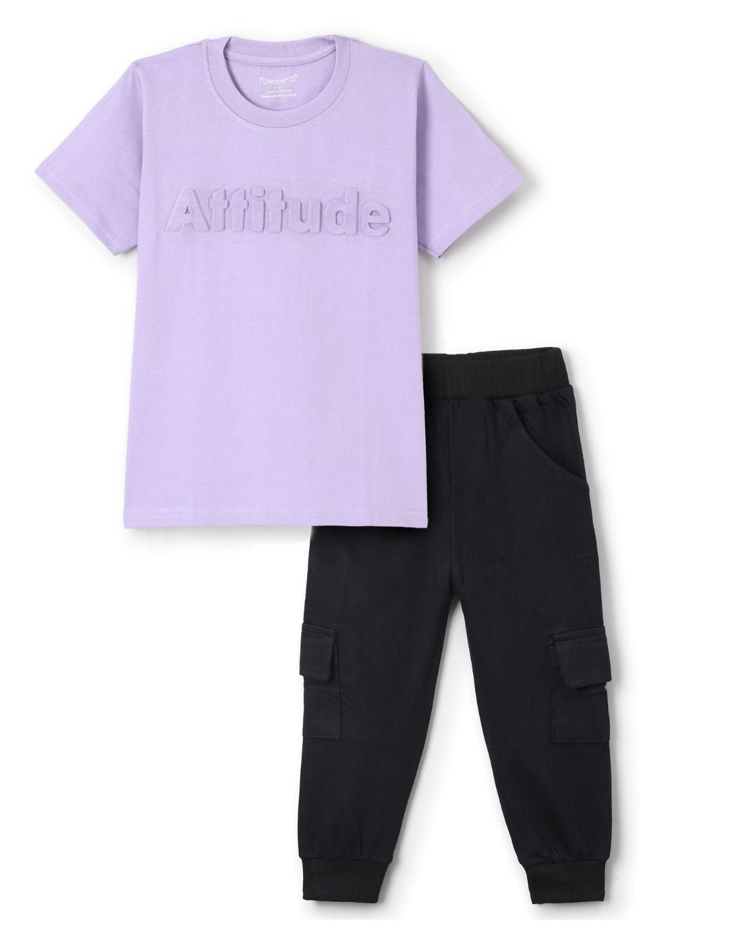 Typographic Printed Premium Cotton Half Sleeves Purple T-Shirt with Black Jogger for Boys