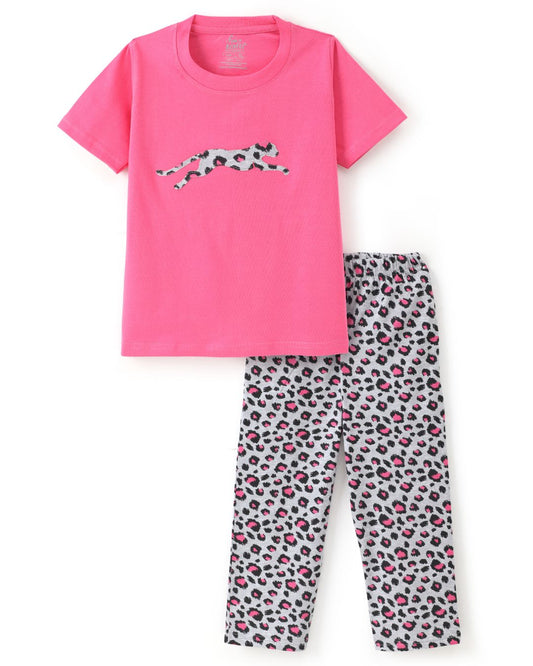 Cheetah Printed Premium Cotton Half Sleeves Pink T-Shirt with Grey Pyjama for Girls