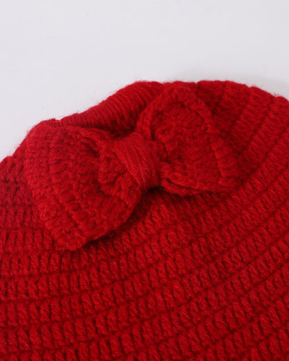 Red Self Design Beanie Handmade Knitted Woollen Cap for Girls & Boys