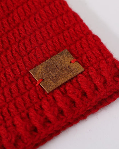 Red Self Design Beanie Handmade Knitted Woollen Cap for Girls & Boys