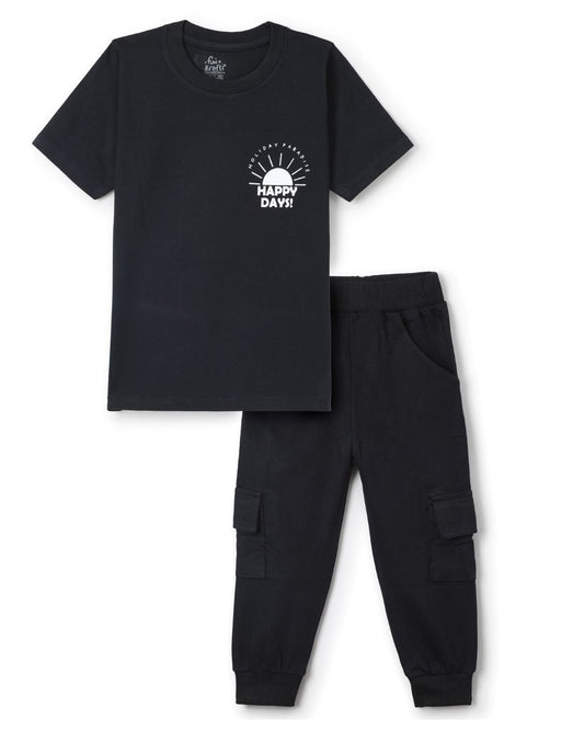 Typographic Printed Premium Cotton Half Sleeves Black T-Shirt with Black Jogger for Boys