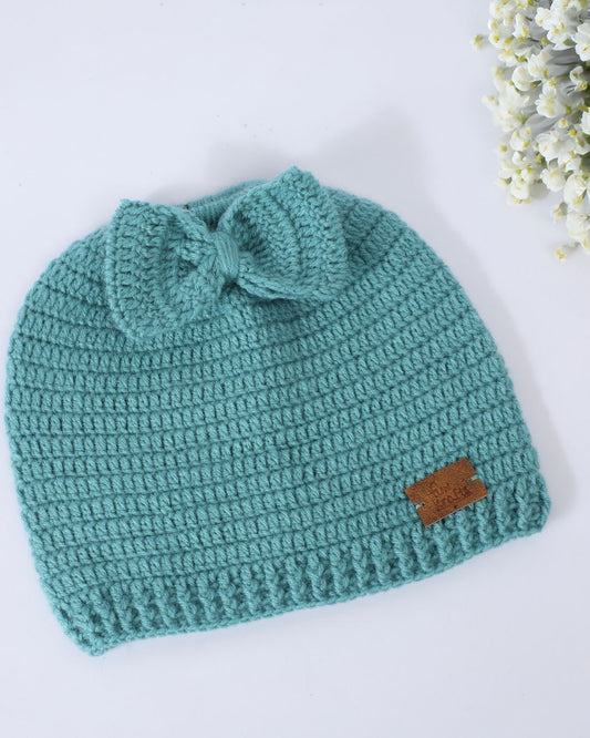 Green Self Design Beanie Bow Handmade Knitted Woollen Cap for Girls