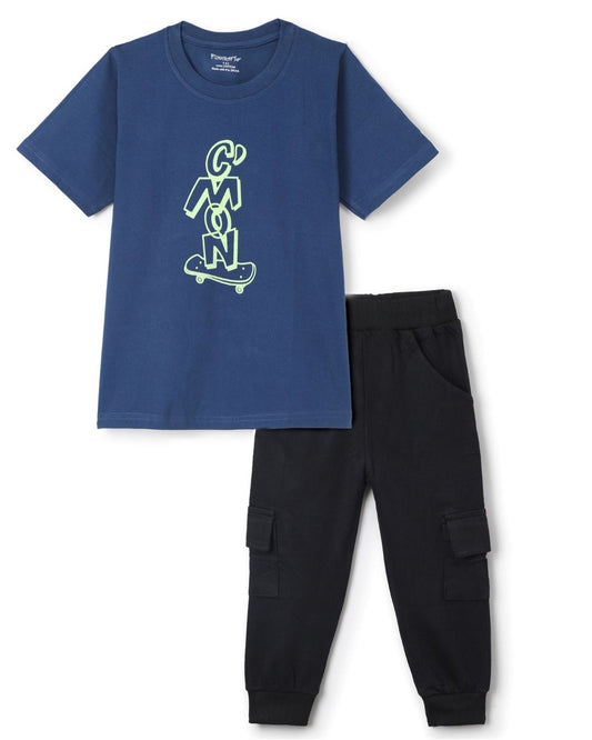 Graphic Printed Premium Cotton Half Sleeves Blue T-Shirt with Black Jogger for Boys