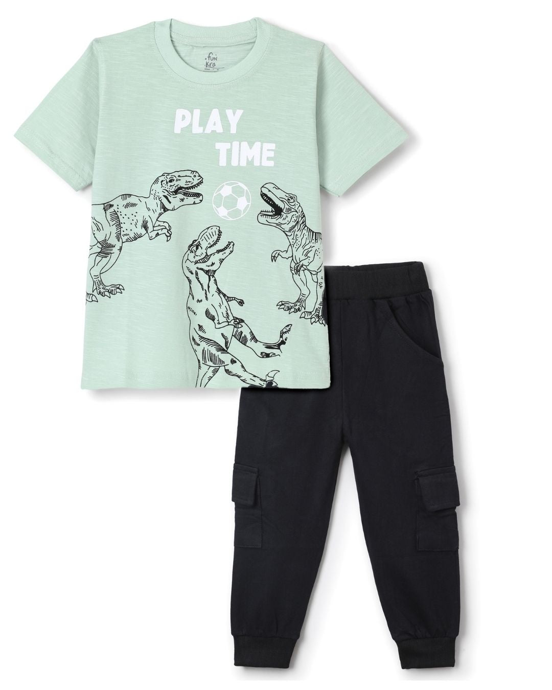 Dinosaur Printed Premium Cotton Half Sleeves Green T-Shirt with Black Jogger for Boys